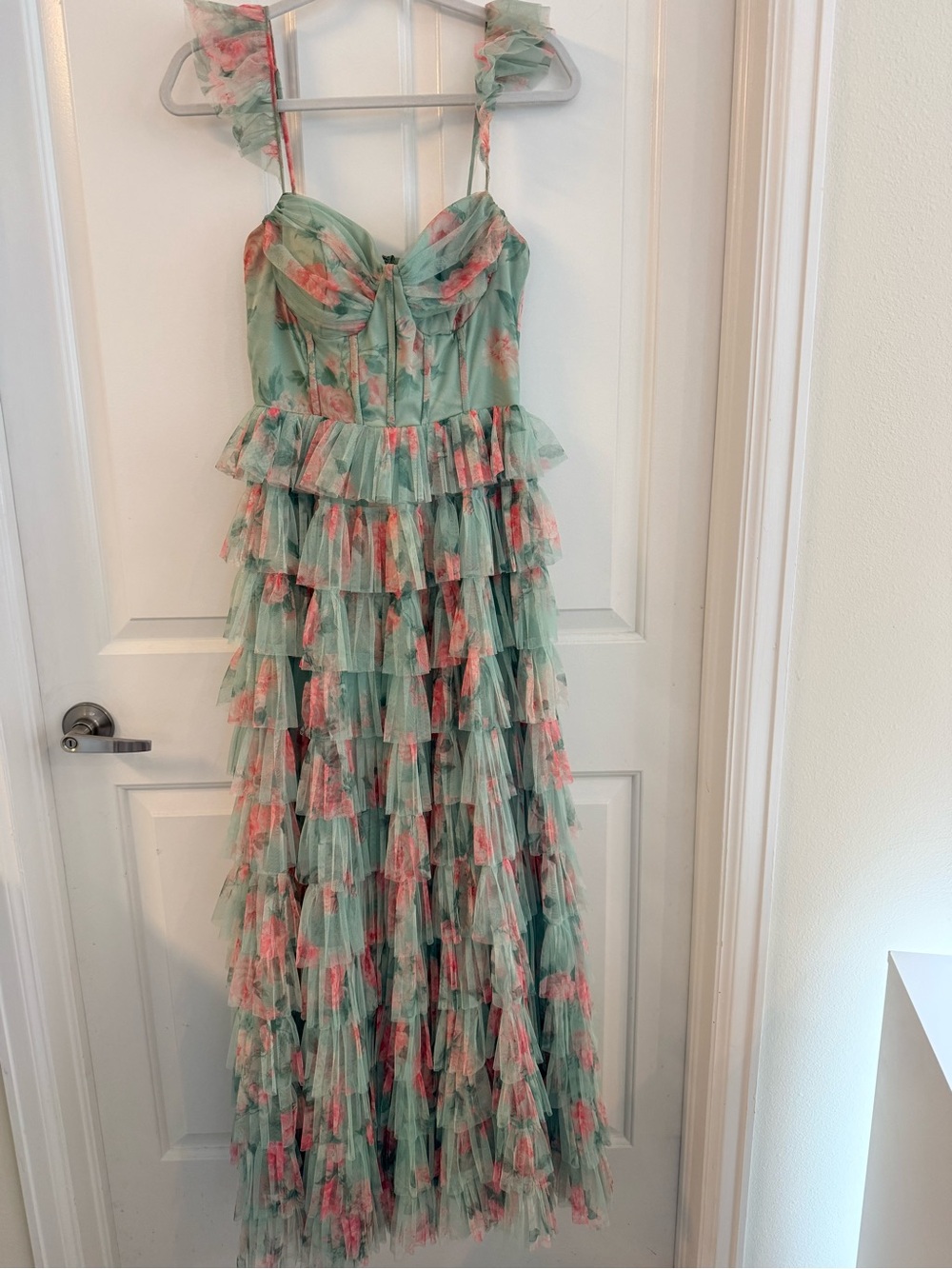 Nordstrom Mint Green and Pink Tiered Ruffle Floral Maxi Dress